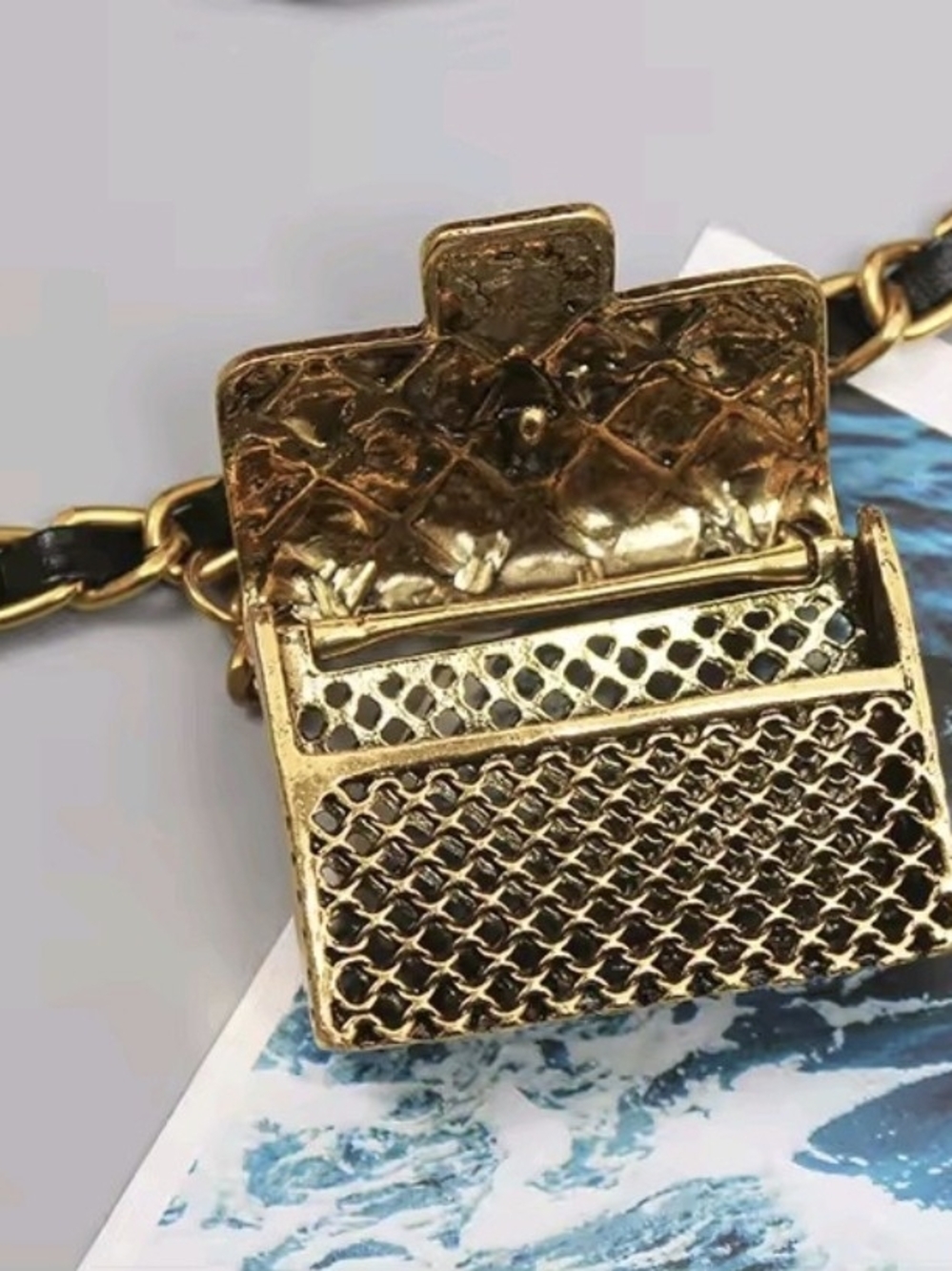 Black and Gold Chain Waist Belt with Mini Bag Charm - Picture 7 of 7